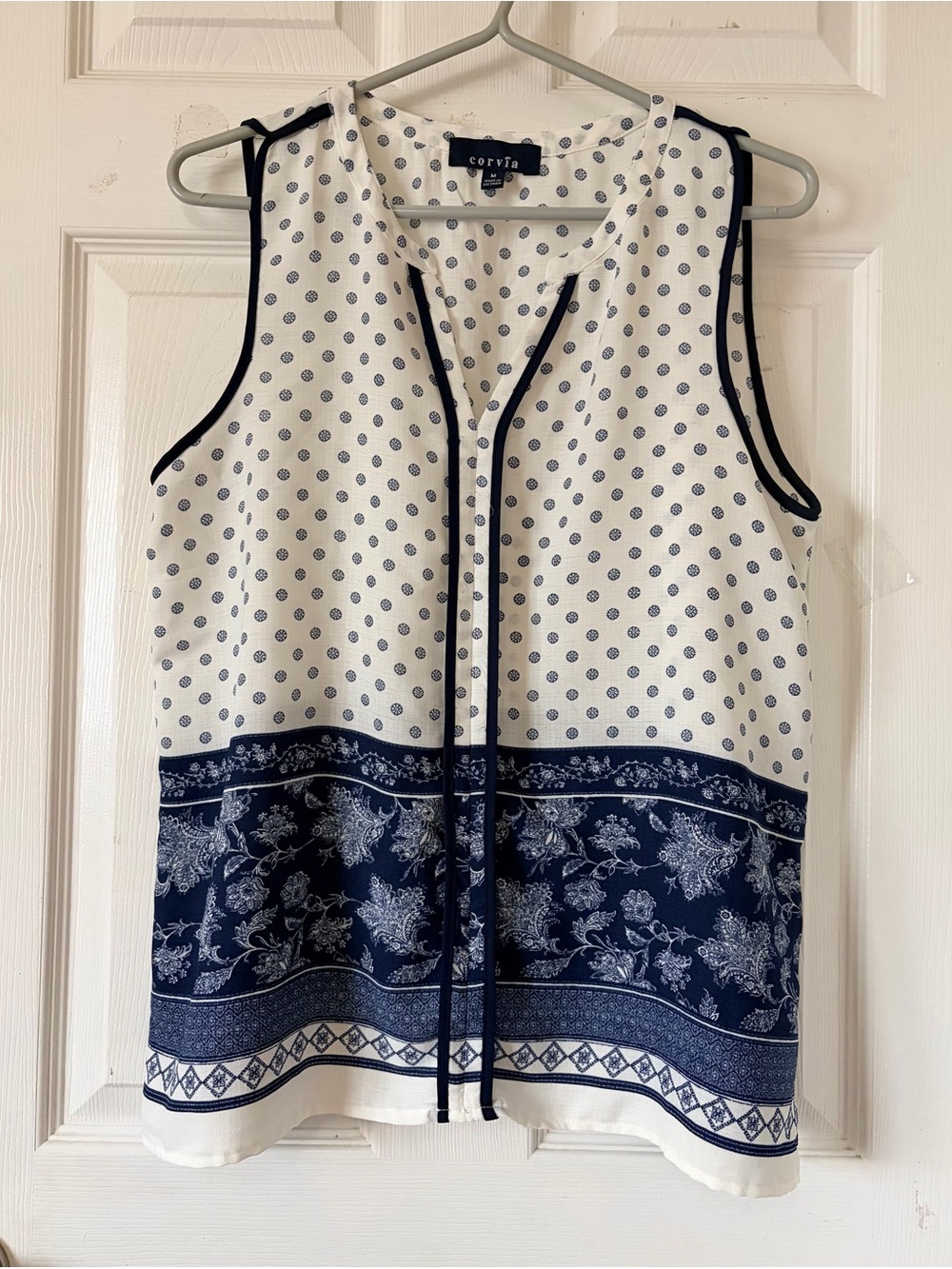 Corvia Navy & Cream Sleeveless‎ Printed Blouse Sz M